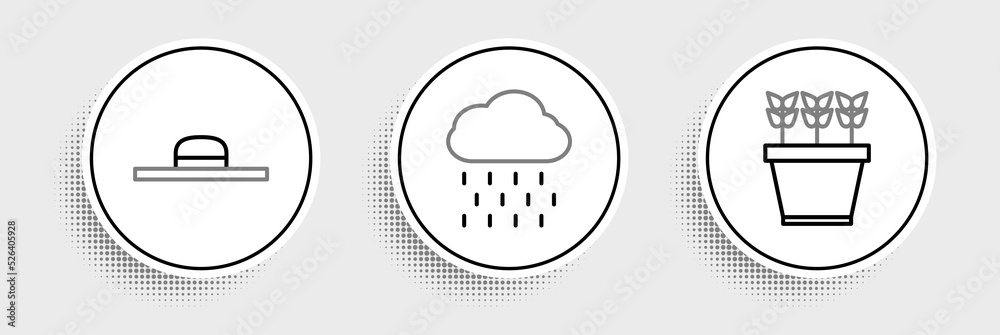 Set line Plants in pot, Worker hat and Cloud with rain icon. Vector Set line Plants in pot, Worker hat and Cloud with rain icon. Vector