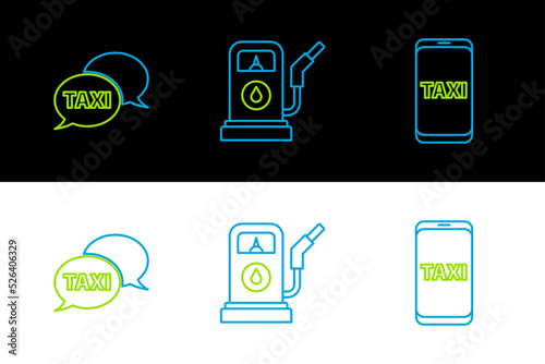 Set line Taxi call telephone service, and Petrol or Gas station icon. Vector