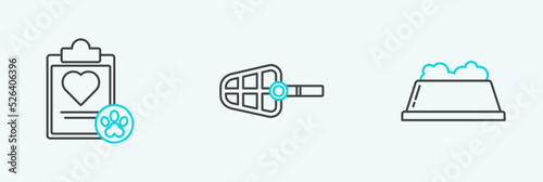 Set line Pet food bowl, Clipboard with medical clinical record pet and Dog muzzle icon. Vector