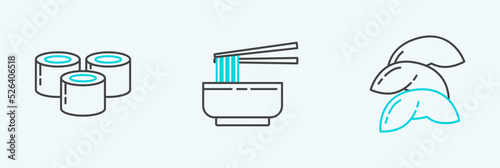 Set line Chinese fortune cookie, Sushi and Asian noodles bowl and chopsticks icon. Vector
