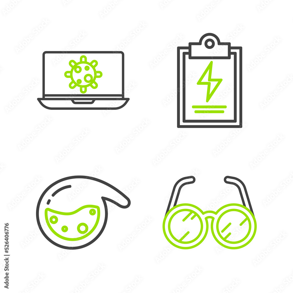 Set line Laboratory glasses, Test tube and flask chemical, clipboard with checklist and Bacteria on laptop icon. Vector Set line Laboratory glasses, Test tube and flask chemical, clipboard with checklist and Bacteria on laptop icon. Vector