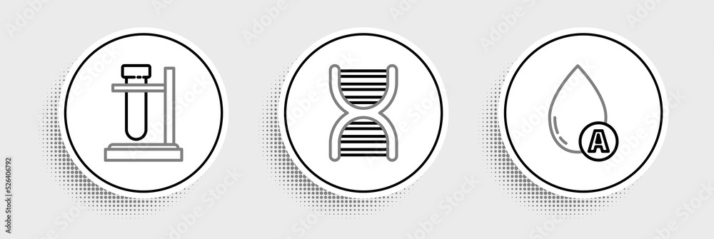 Set line Water drop, Test tube flask on stand and DNA symbol icon. Vector Set line Water drop, Test tube flask on stand and DNA symbol icon. Vector