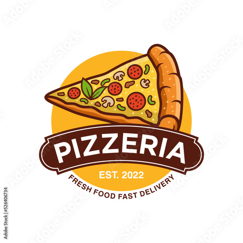 Pizzeria Vector Emblem on blackboard. Pizza logo template. Vector emblem for cafe, restaurant or food delivery service.