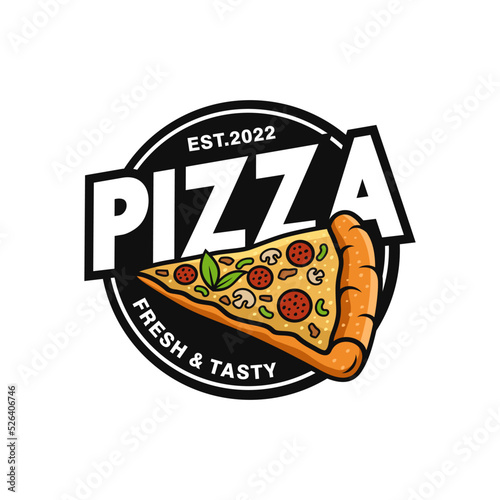 Pizzeria Vector Emblem on blackboard. Pizza logo template. Vector emblem for cafe, restaurant or food delivery service.