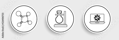 Set line Bacteria on laptop, Molecule and Test tube flask stand icon. Vector