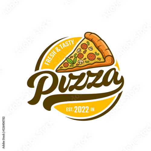 Pizzeria Vector Emblem on blackboard. Pizza logo template. Vector emblem for cafe, restaurant or food delivery service.