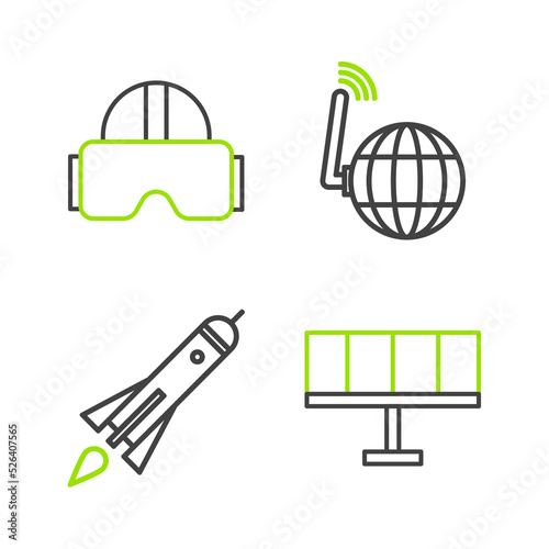 Set line Solar energy panel, Rocket ship with fire, Social network and Virtual reality glasses icon. Vector