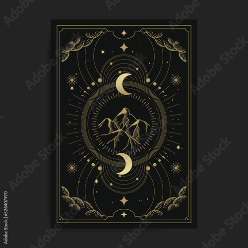 Mountain, crescent moon, golden sacred geometry