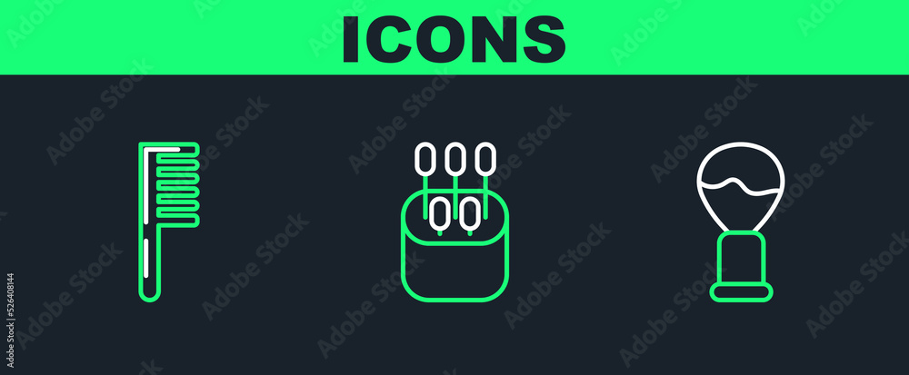 Fototapeta premium Set line Shaving brush, Hairbrush and Cotton swab for ears icon. Vector
