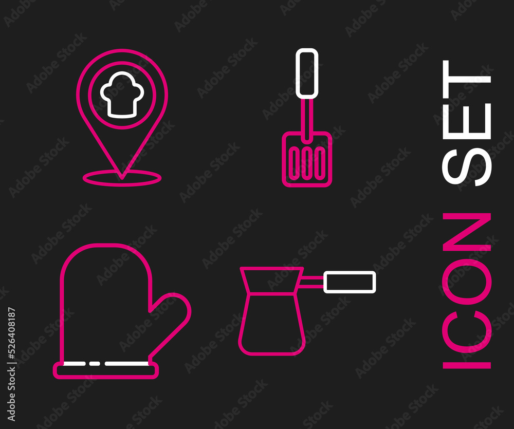 Set line Coffee turk, Oven glove, Spatula and Chef hat with location icon. Vector