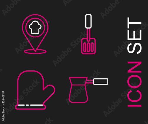 Set line Coffee turk, Oven glove, Spatula and Chef hat with location icon. Vector