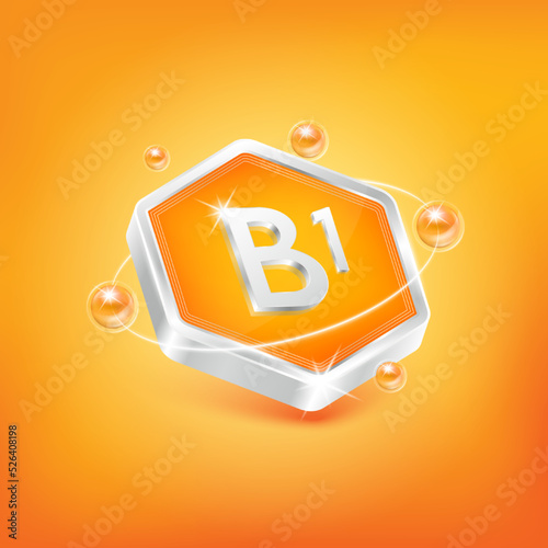 Vitamin B1 in hexagon shape and orange atom. Used for nutrition products food. Medical scientific concepts. Isolated 3D Vector EPS10 illustration.