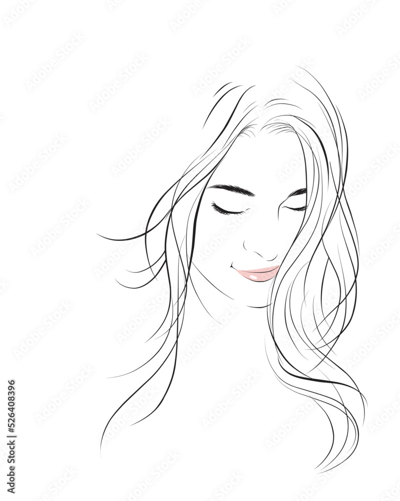 Beauty Woman Portrait. Closeup Of Beautiful Happy Girl With Perfect Smile, White Teeth Smiling. vector illustration isolated cartoon hand drawn. Line art