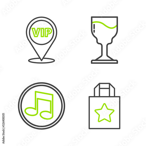 Set line Paper shopping bag, Music note, tone, Wine glass and Location Vip icon. Vector