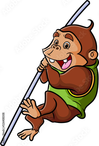 The athlete chimpanzee is pole vault in a competition