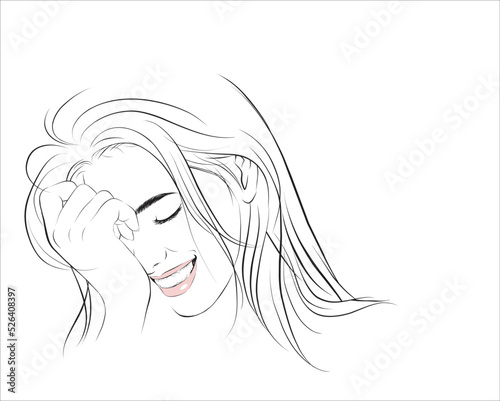 Beauty Woman Portrait. Closeup Of Beautiful Happy Girl With Perfect Smile, White Teeth Smiling. vector illustration isolated cartoon hand drawn. Line art