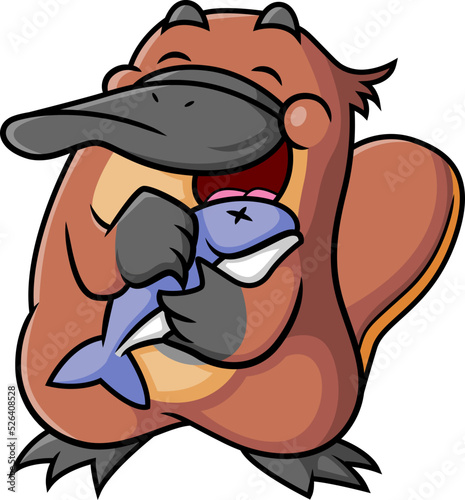 The happy platypus is holding the fish with the happy expression