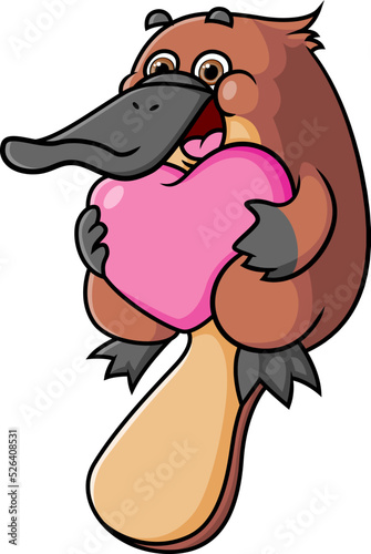 The cute platypus is holding the love pillow for valentine gift