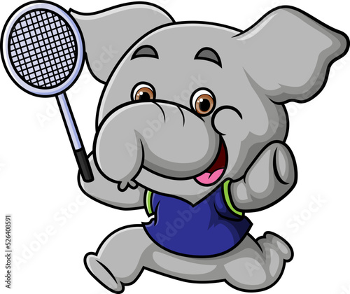 The little elephant is playing badminton and chasing shuttlecock