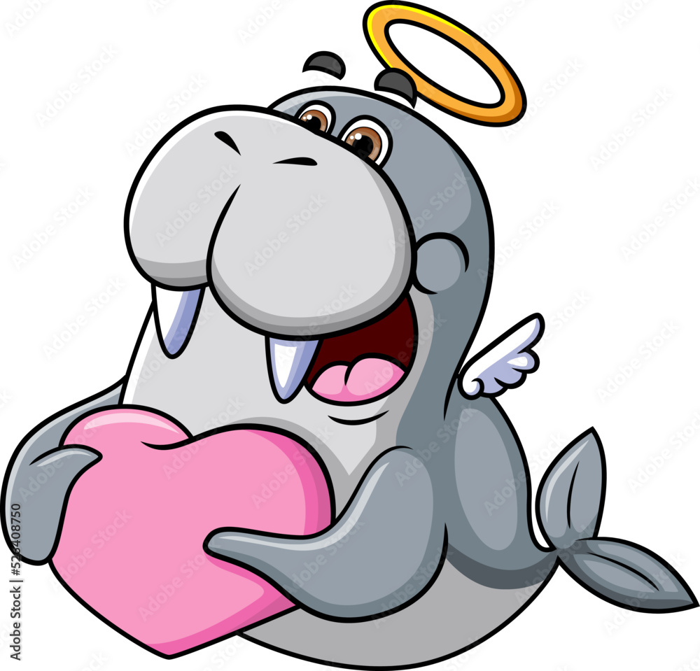 Fototapeta premium The cupid walrus is holding the pillow heart with the happy expression