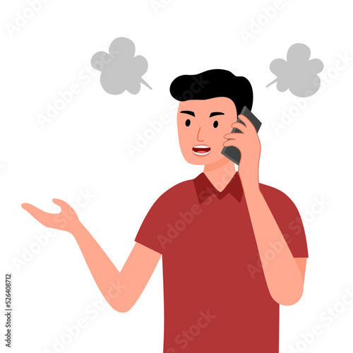 Angry customer man on phone in flat design. Guy upset speaking on mobile.