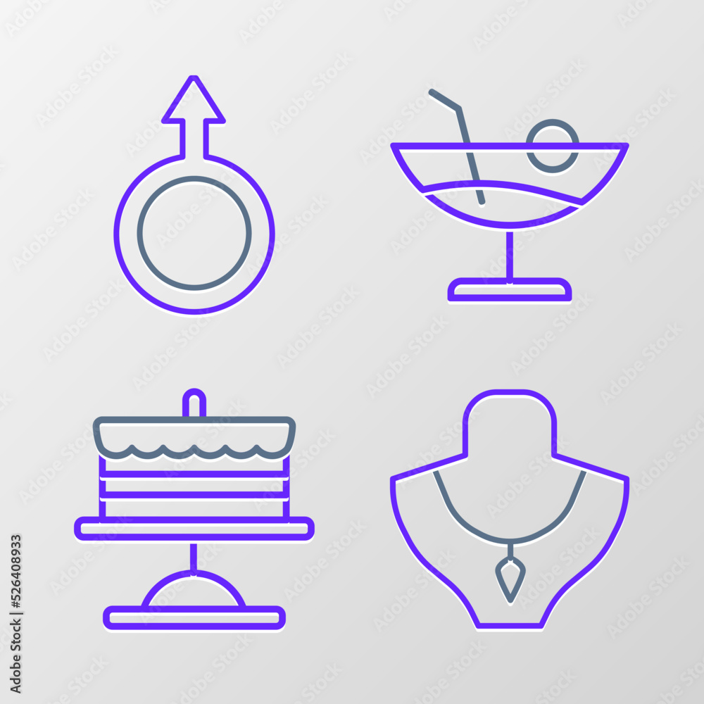 Set line Necklace on mannequin, Cake plate, Cocktail and Male gender symbol icon. Vector