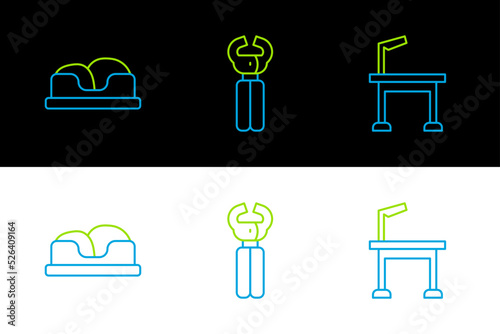 Set line Pet grooming table, bed and nail clippers icon. Vector