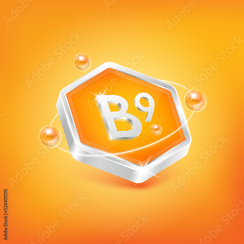 Vitamin B9 in hexagon shape and orange atom. Used for nutrition products food. Medical scientific concepts. Isolated 3D Vector EPS10 illustration.