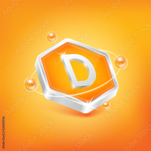 Vitamin D in hexagon shape and orange atom. Used for nutrition products food. Medical scientific concepts. Isolated 3D Vector EPS10 illustration.