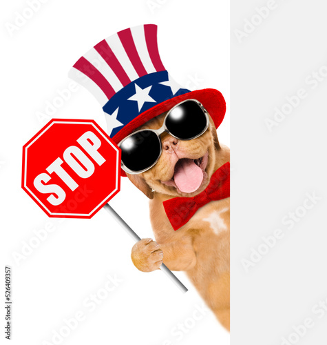 Happy Mastiff puppy wearing like Uncle Sam holds stop sign. isolated on white background © Ermolaev Alexandr