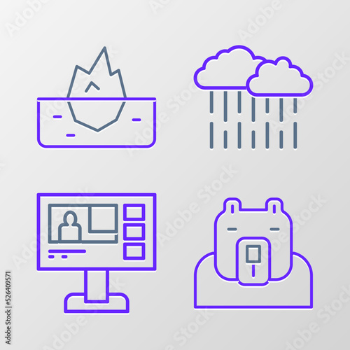 Set line Polar bear head, Television report, Cloud with rain and Iceberg icon. Vector © Oksana