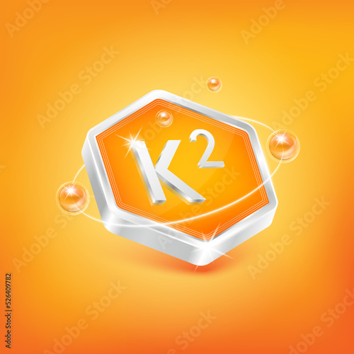 Vitamin K2 in hexagon shape and orange atom. Used for nutrition products food. Medical scientific concepts. Isolated 3D Vector EPS10 illustration.