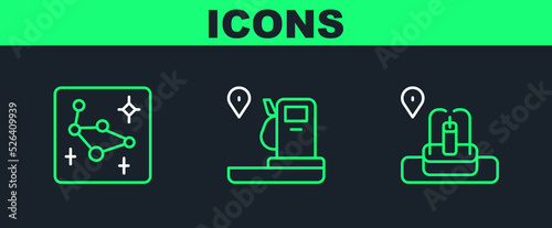 Set line Location with fountain, Great Bear constellation and and gas station icon. Vector