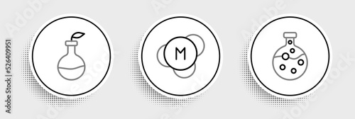 Set line Test tube and flask, Plant breeding and Molecule icon. Vector