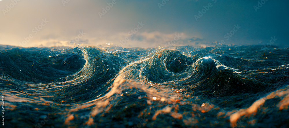 Spectacular abstract scene of an ocean tidal wave with a horizontal and clear sky in the background. Digital art 3D illustration. - obrazy, fototapety, plakaty 
