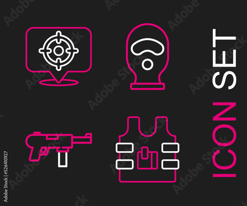 Set line Bulletproof vest, Submachine gun M3, Balaclava and Target sport icon. Vector