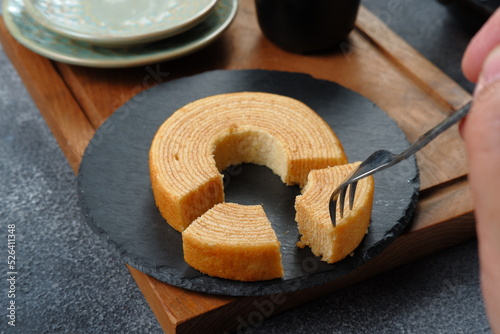 Fototapeta Naklejka Na Ścianę i Meble -  Baumkuchen or Tree Cake or log cake is a typical German,and cake that is also popular in Japan as a sweet dessert