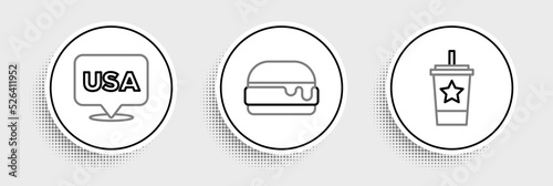Set line Paper glass with straw, USA Independence day and Burger icon. Vector