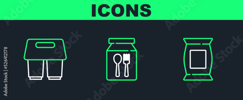 Set line Bag or packet potato chips, Coffee cup go and Online ordering and delivery icon. Vector