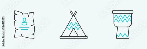 Set line Drum, Wanted western poster and Indian teepee or wigwam icon. Vector