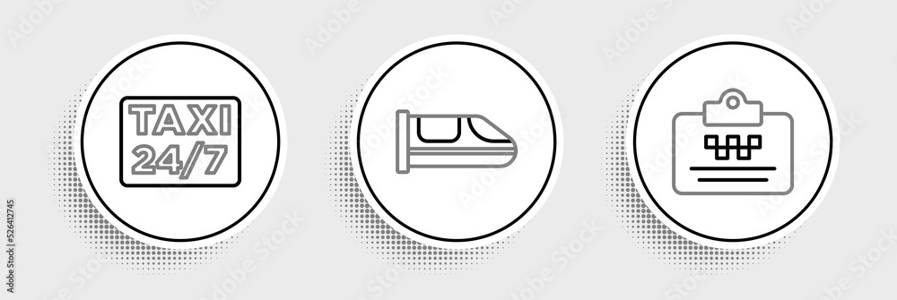 Set line Taxi driver license, Location with taxi and High-speed train icon. Vector Set line Taxi driver license, Location with taxi and High-speed train icon. Vector
