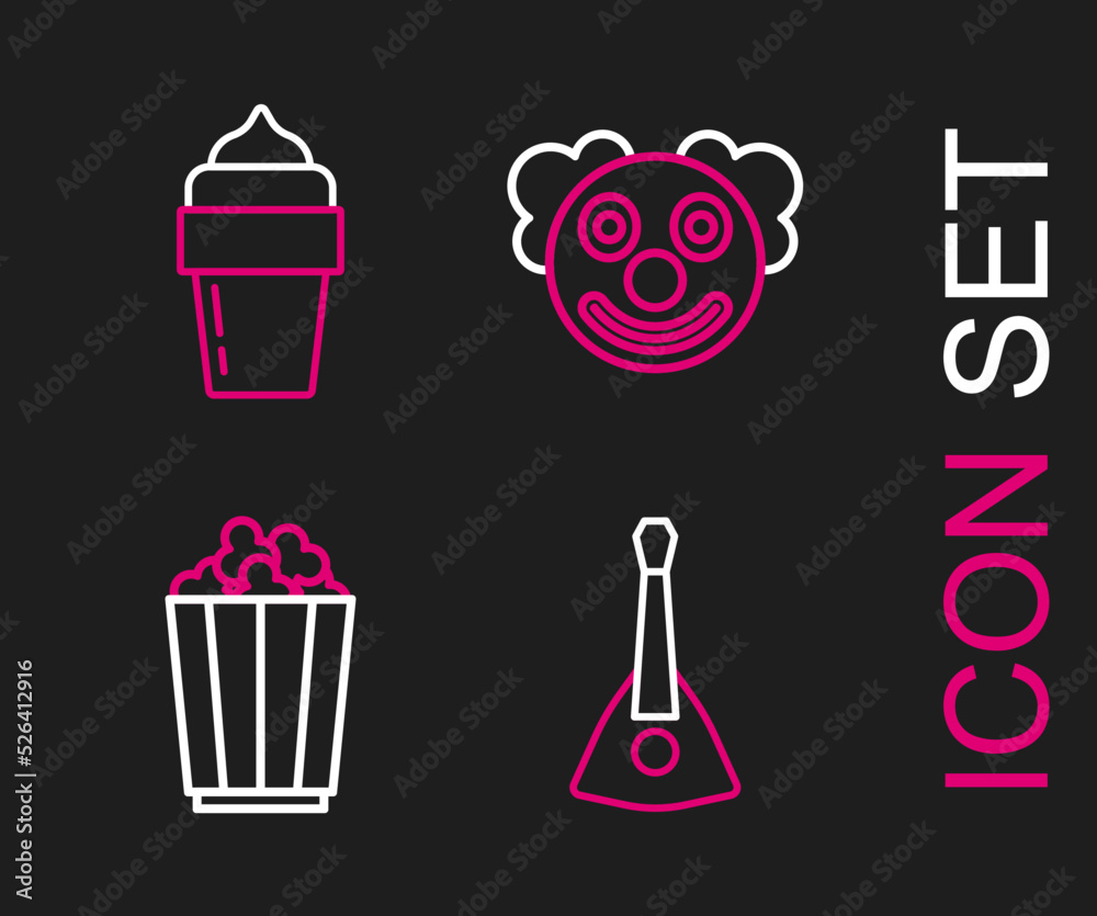 Set line Balalaika, Popcorn in box, Clown head and Ice cream icon. Vector Set line Balalaika, Popcorn in box, Clown head and Ice cream icon. Vector