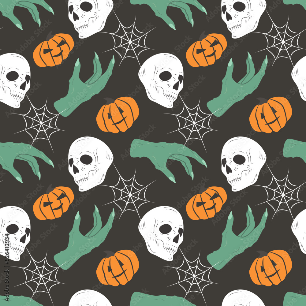 vector seamless horror pattern for halloween. pattern with skulls, jack-o'-lanterns, zombie hand and cobwebs