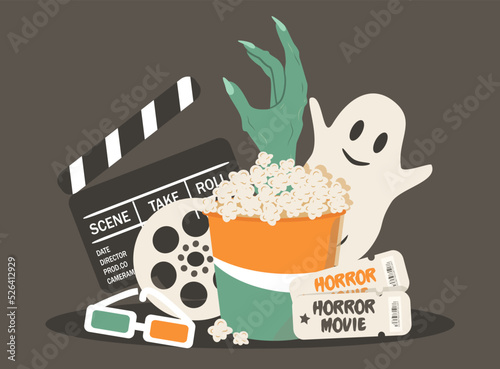 vector illustration in a flat style on the theme of horror films, halloween movies. popcorn with a zombie hand, film reel, clapperboard, tickets, ghost