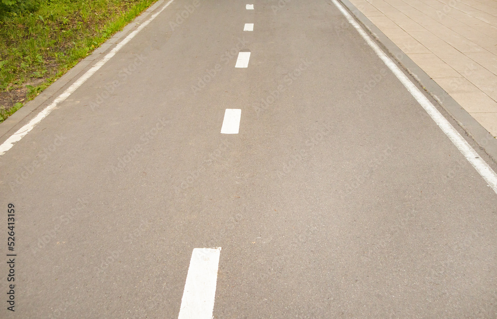Close-up of an asphalt road with an intermittent marking line and grass on the side of the road. Selective focus, black and white photography