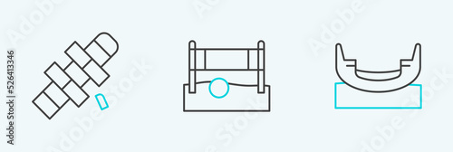 Set line Boat swing, Hopscotch and Volleyball net with ball icon. Vector