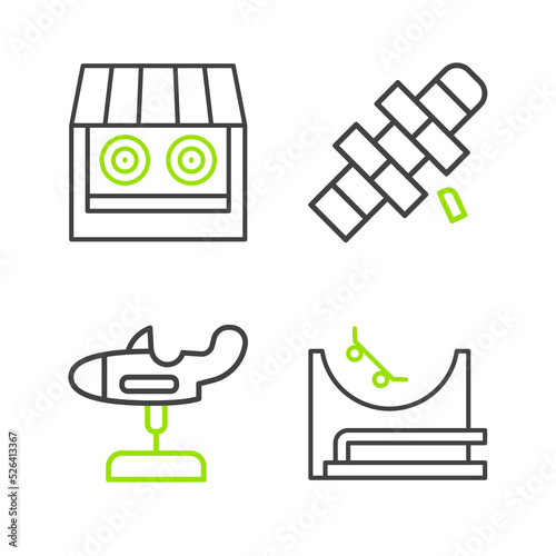Set line Skate park, Swing plane, Hopscotch and Shooting gallery icon. Vector