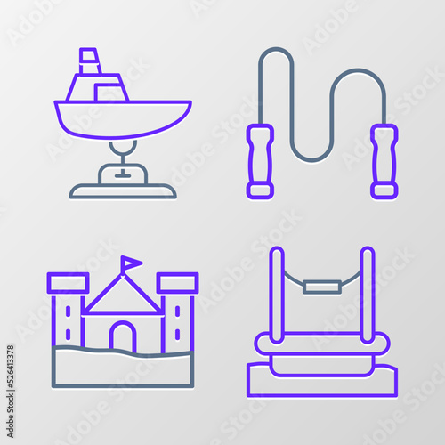 Set line Bungee, Sand castle, Jump rope and Swing boat icon. Vector