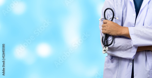 Medicine doctor with stethoscope standing and diagnosis in hospital.Health care and medical or Health Insurance on background concept.