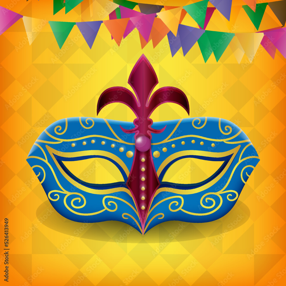 Carnival online party banner. Invitation card for live stream of festival. Mask with feathers for festive on fluid gradient background. Template for design flyer,poster. Vector illustration.

